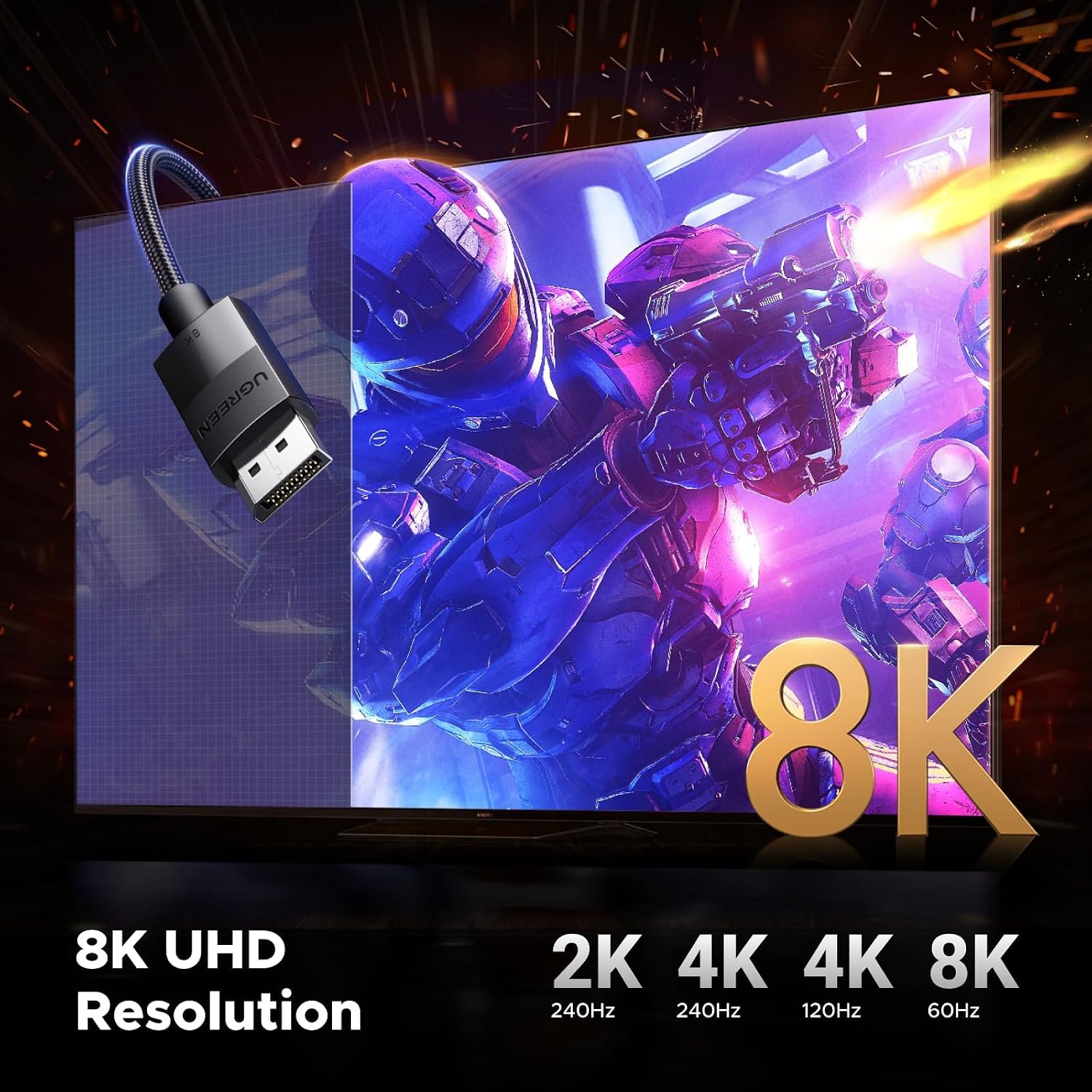 Cable DisplayPort 1.4 Ugreen  8K@60Hz 4K@240Hz 32.4Gbps Trenzado de 2 Metros S2199