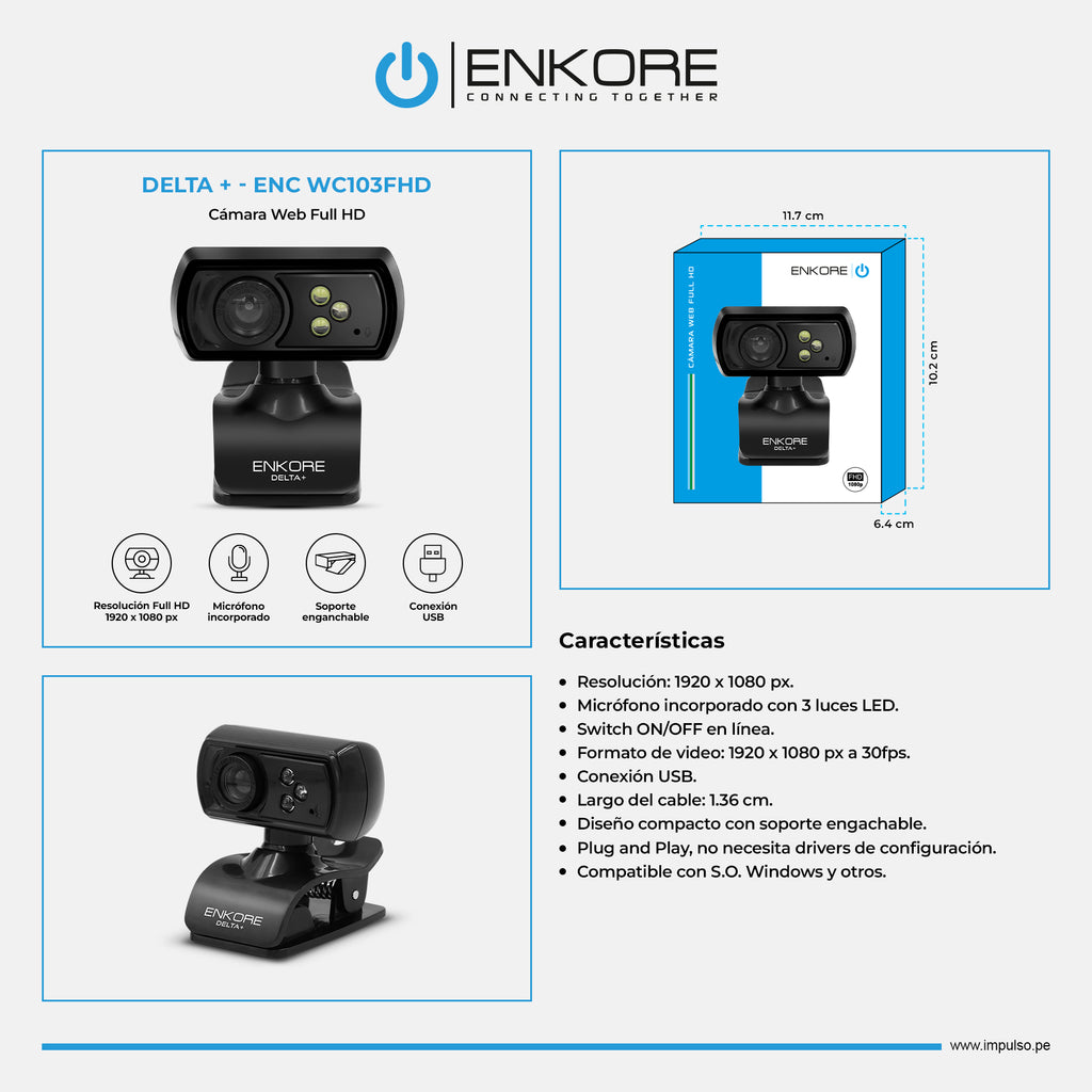 Cámara Web Full HD 1080p Enkore Delta+ ENC WC103 3 LEDs Micrófono Clip USB Plug & Play s2249