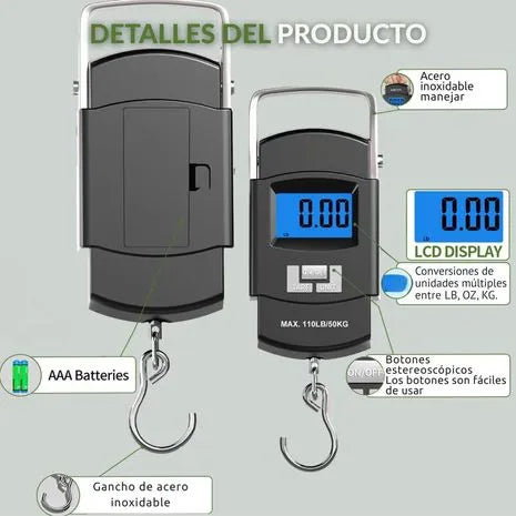 Balanza Digital Portátil 50kg Gancho Acero Pantalla LCD Azul Función Tara y Hold para Equipaje y Paquetes s2258
