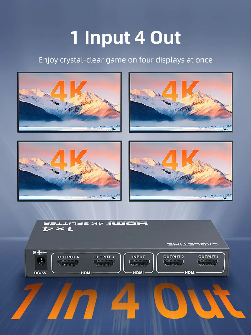 Splitter HDMI 1 en 4 CABLETIME 4K 30Hz Multiplicador 4 Pantallas HDR Chasis Metálico DC 5V s2284