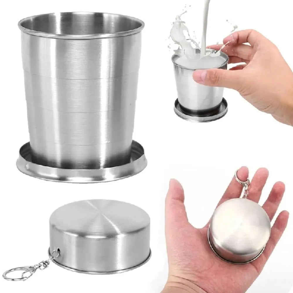 3 Vaso Plegable de Acero Inoxidable 8cm con Llavero Reutilizable 140ml S1802