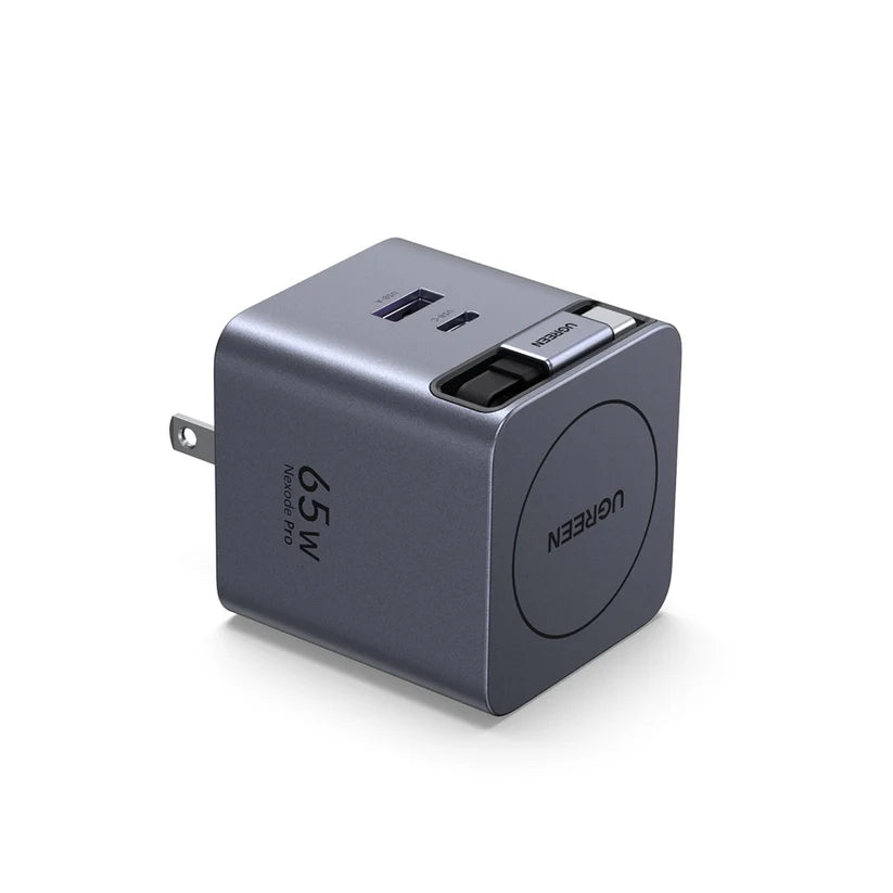 Cargador de Pared UGREEN Nexode Pro 65W GaN Cable USB-C Retráctil 0.7m Dual Port USB-C y USB-A S2299