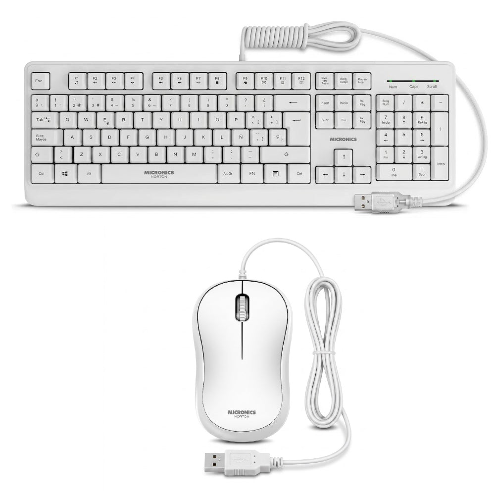 Kit Multimedia Teclado y Mouse USB Micronics Norton Blanco Waterproof UV 1000DPI MIC T100W s2240