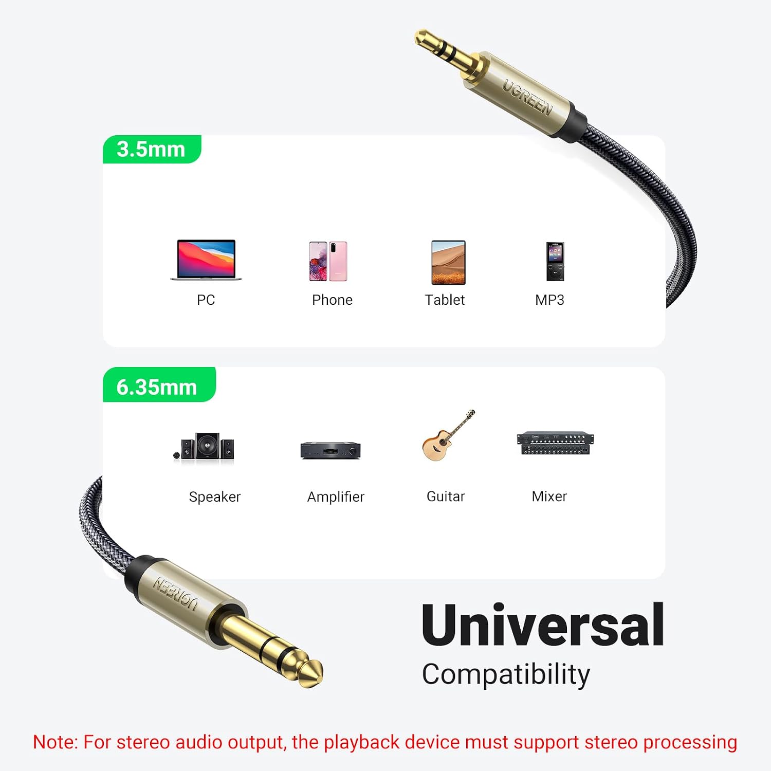 Cable de Audio UGREEN 3.5mm a 6.35mm 1/4 TRS 2m Nylon Trenzado Aleación Zinc Bañado S2295