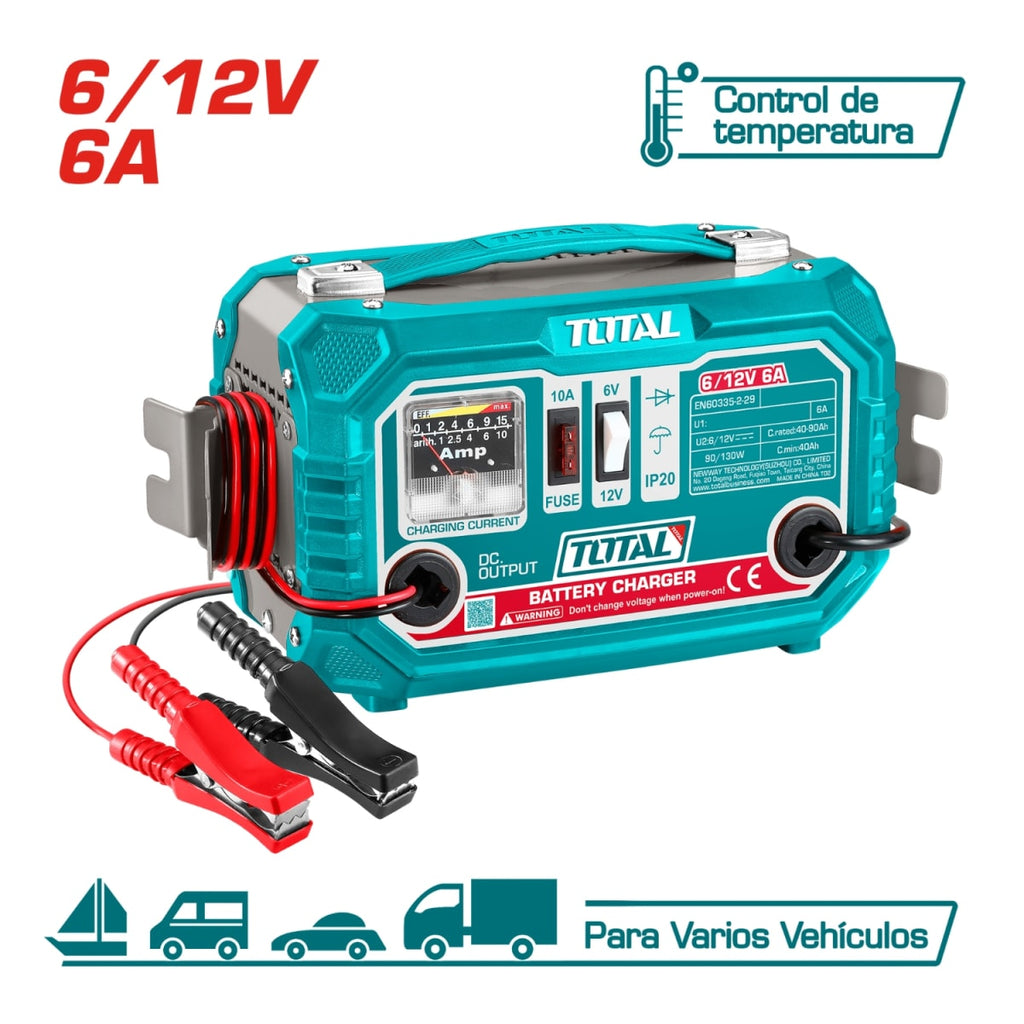 Cargador de Batería 6V / 12V 6A TOTAL Taller Automotriz 40-90Ah Amperímetro Analógico Fusible 10A 220V S2318