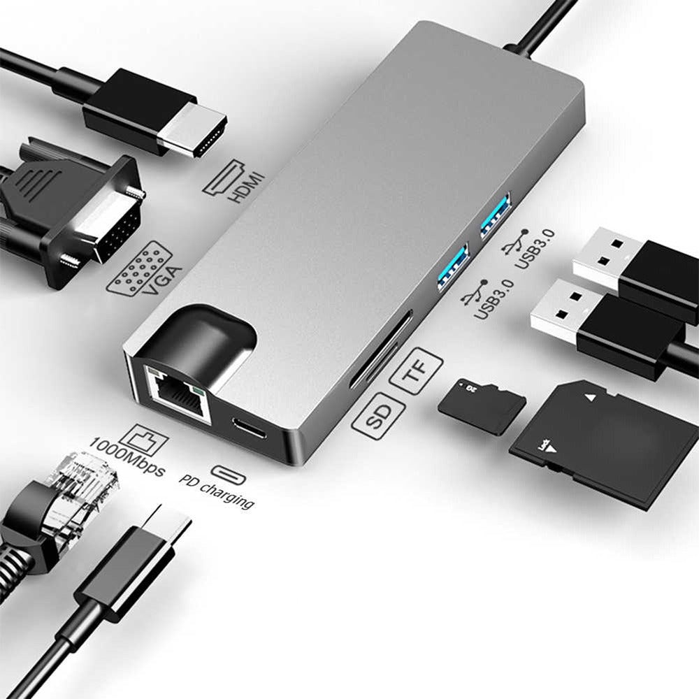 Adaptador Tipo C a HDMI 4K USB 3.0 Lan 8 en 1 Multipuerto S0755