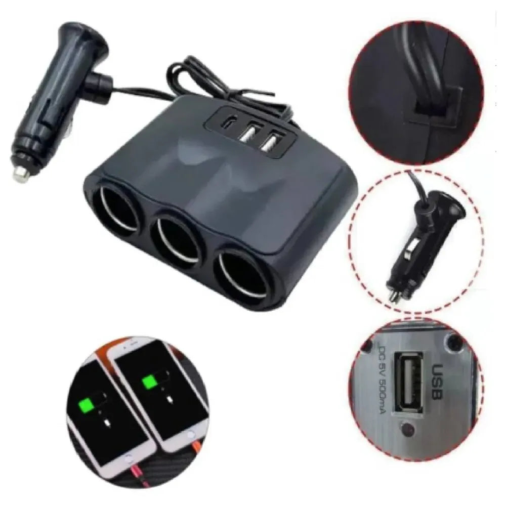 Splitter Cigarrera de Carga para Auto 3 Sockets + 3 USB (Inc. Tipo C) | SEISA S1986