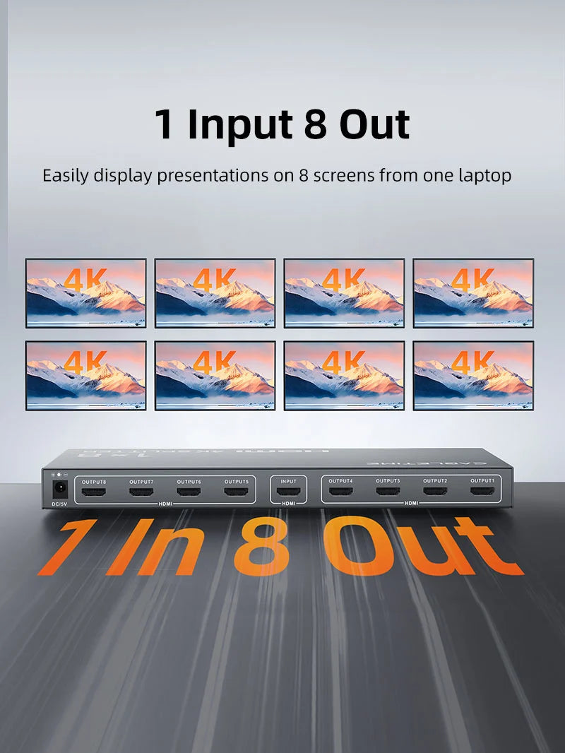 Splitter HDMI 1 en 8 CABLETIME 4K 30Hz Multiplicador 8 Pantallas HDR Chasis Metálico DC 5V s2285