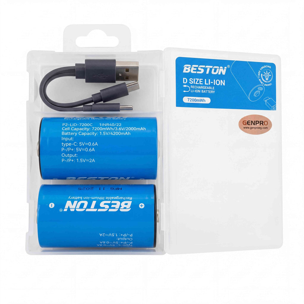 Kit de Pilas Recargables Tipo D Litio Beston USB-C 1.5V 7200mWh 4200mAh Pack x2 s2250