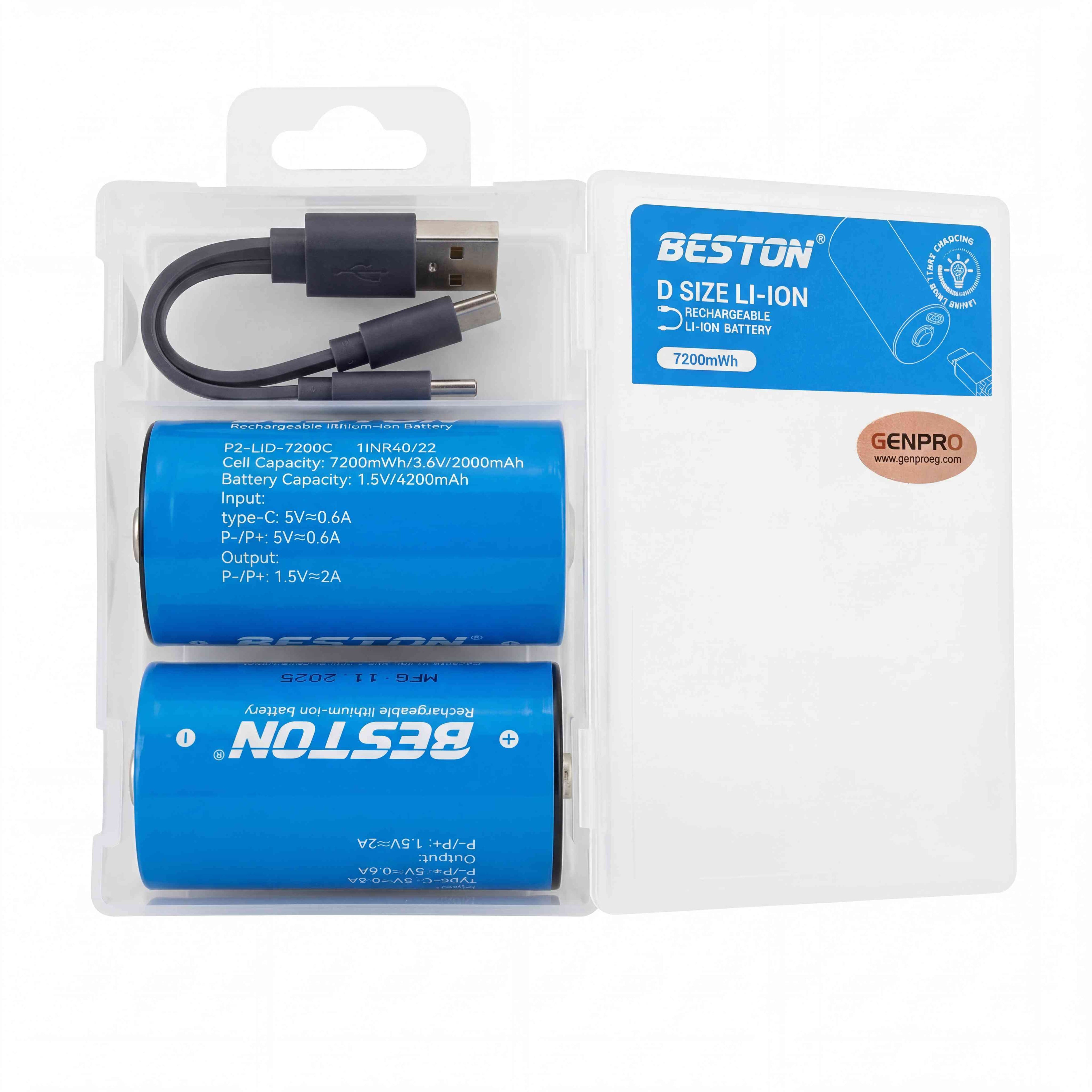 Kit de Pilas Recargables Tipo D Litio Beston USB-C 1.5V 7200mWh 4200mAh Pack x2 s2250