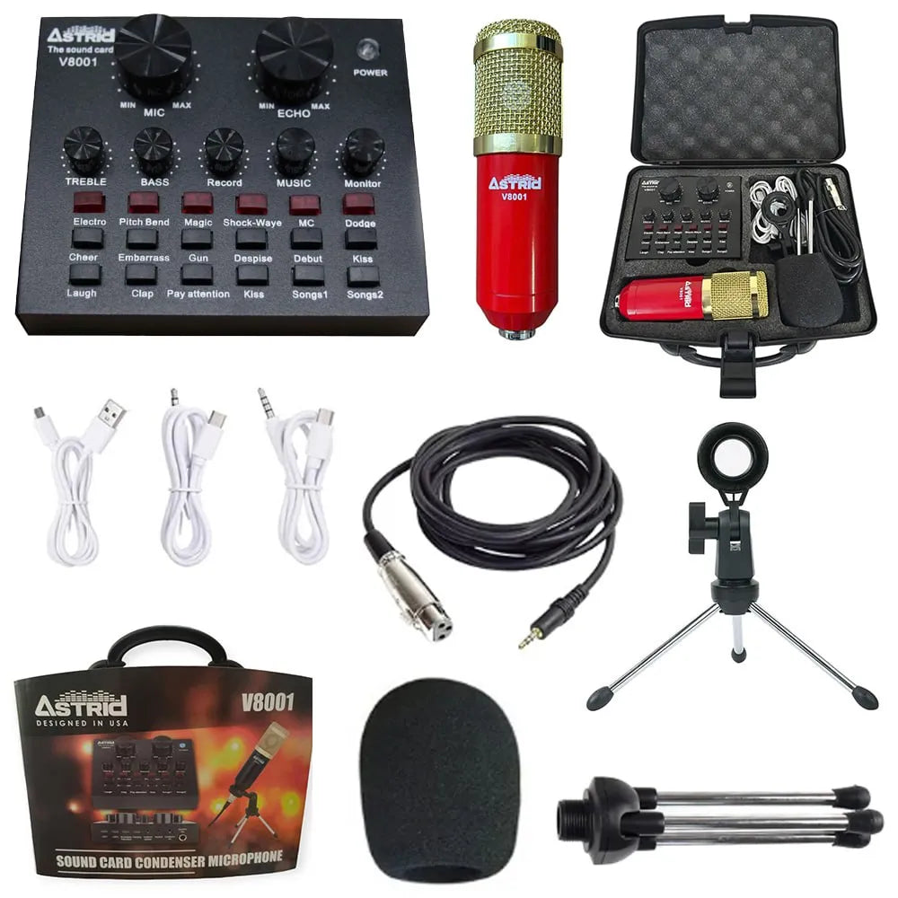 Kit tarjeta de sonido V8 microfono condensador mini tripode maletin S1367