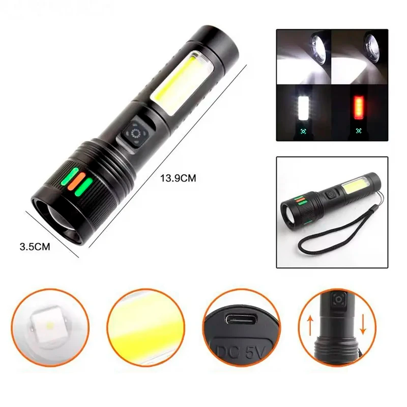 Linterna Táctica LED Recargable USB con Luz Lateral COB S2030