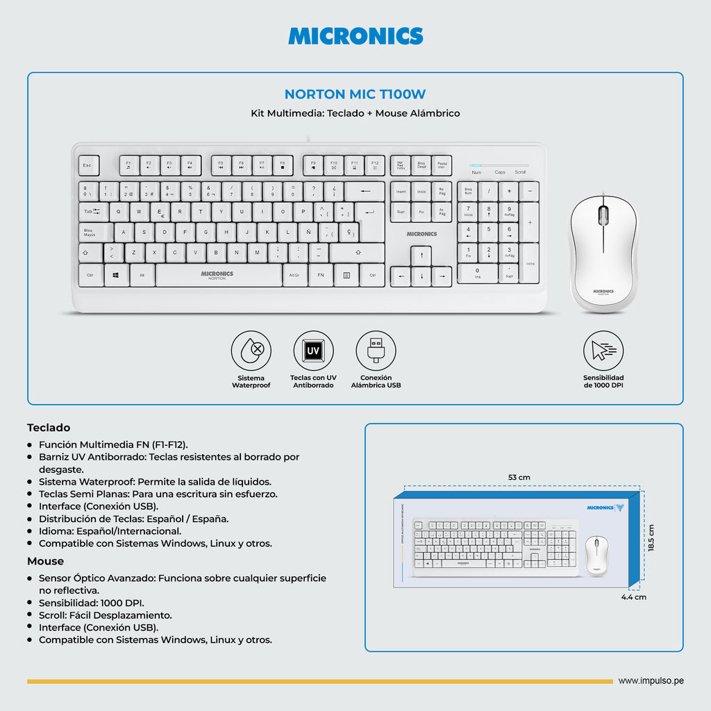 Kit Multimedia Teclado y Mouse USB Micronics Norton Blanco Waterproof UV 1000DPI MIC T100W s2240