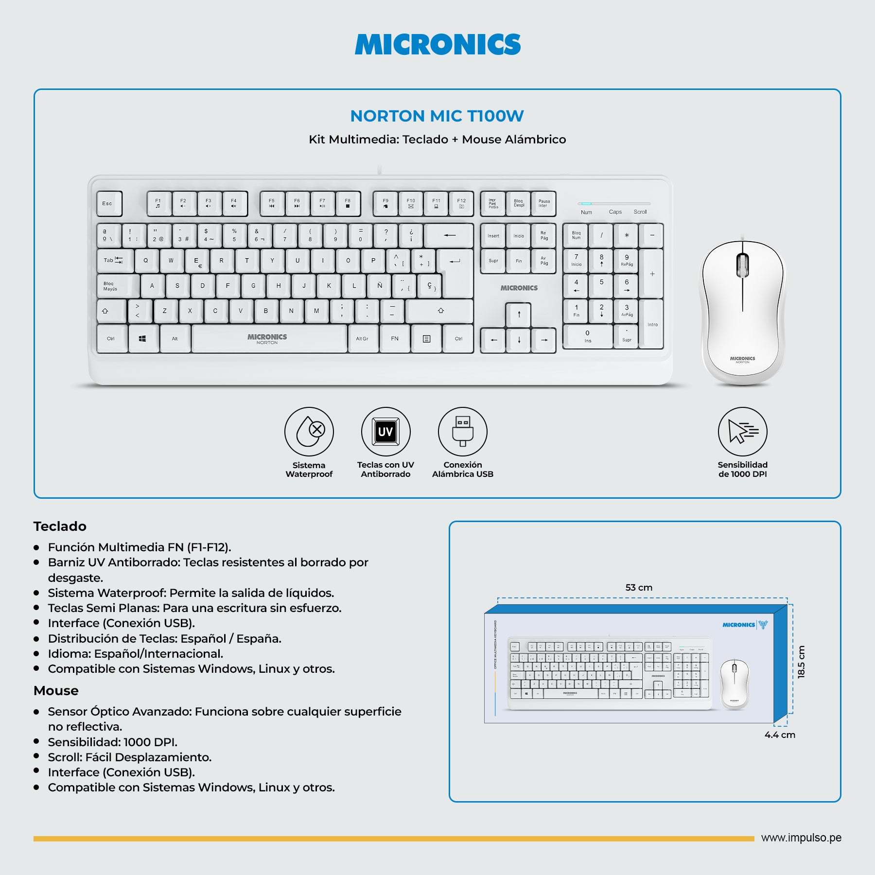 Kit Multimedia Teclado y Mouse USB Micronics Norton Blanco Waterproof UV 1000DPI MIC T100W s2240