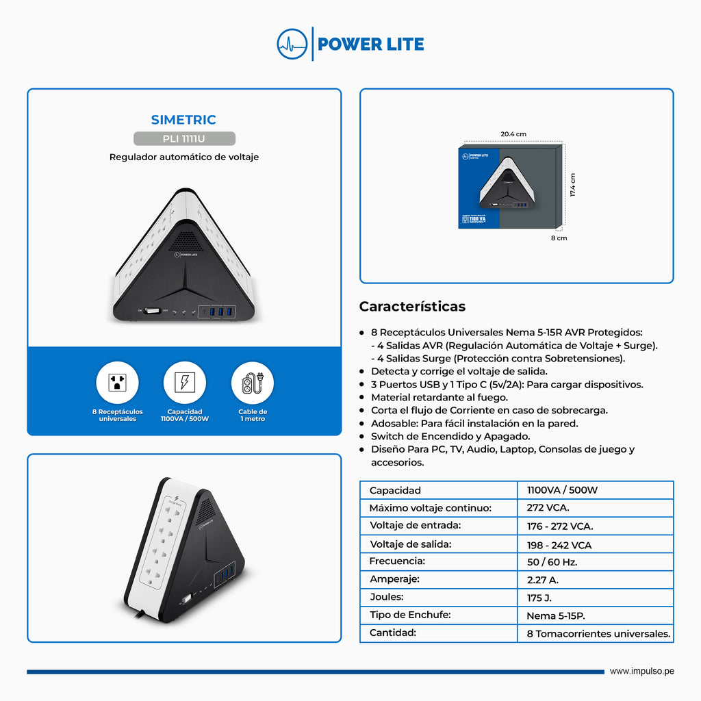 Estabilizador Regulador de Voltaje Power Lite Simetric PLI-1111U 1100VA 500W 8 Tomas 4 Puertos USB Type-C s2248