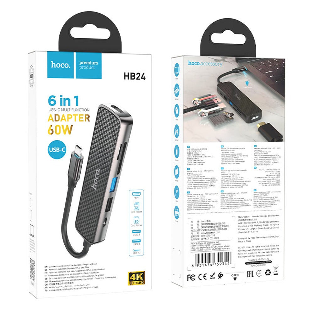 6 en 1 tipo C a HDMI USB 3.0 + TF Micro SD Lector de tarjetas hub hoco S1206