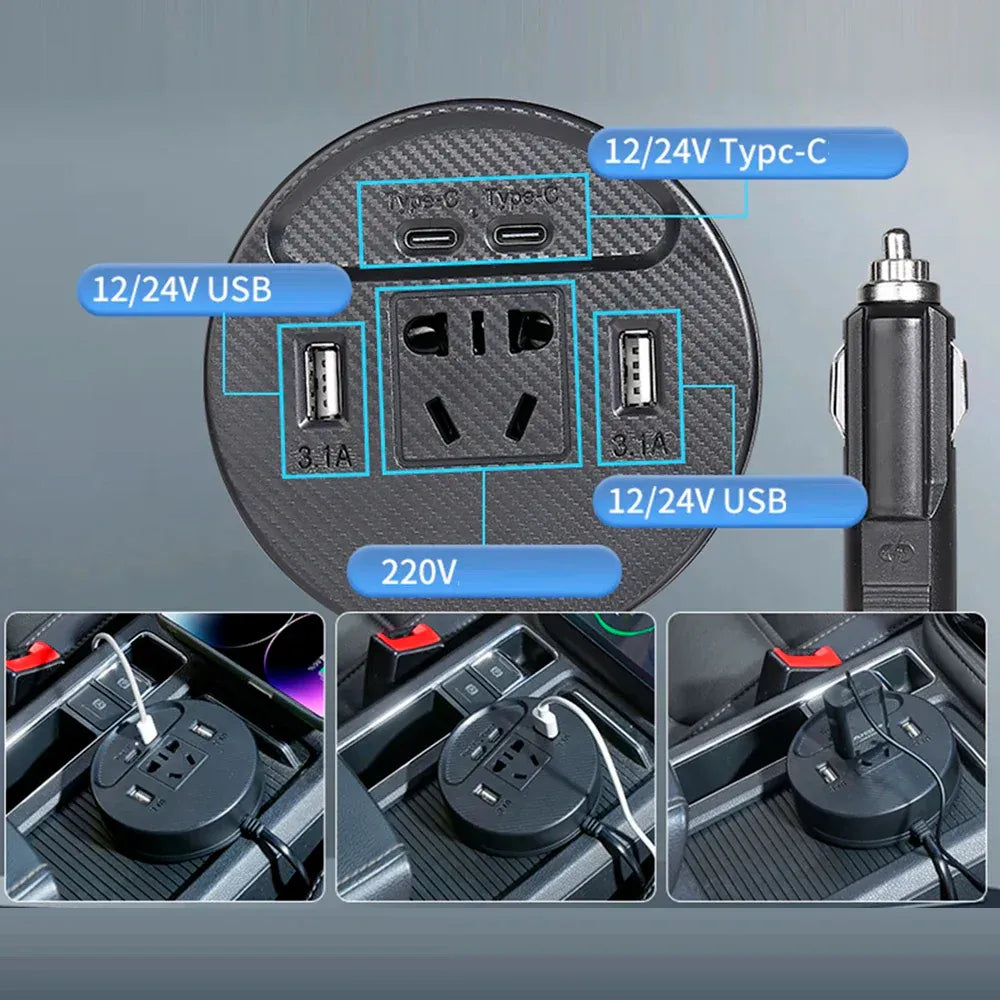 Inversor de Corriente para Auto 150W (12V a 220V) con USB y Tipo-C s2080