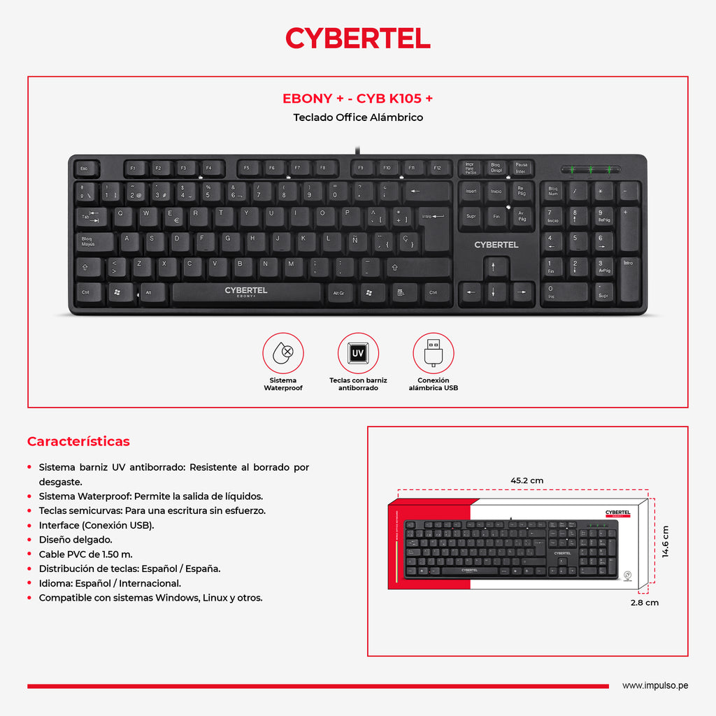 Teclado Multimedia USB Cybertel Ebony+ Negro Waterproof UV Teclas Semi Curvas CYB K105+ s2241