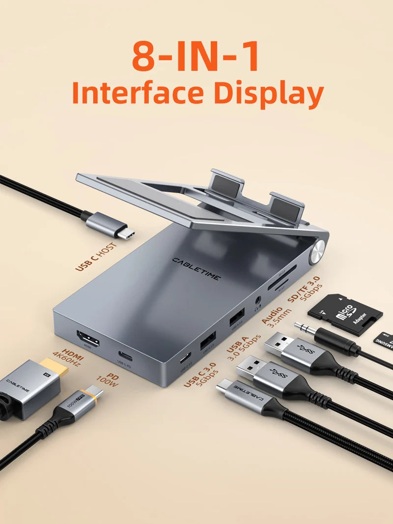 Hub USB-C 8 en 1 y Soporte Plegable CABLETIME 4K 60Hz PD 100W SD/TF 3.5mm Aluminio iPad Pro Switch s2279