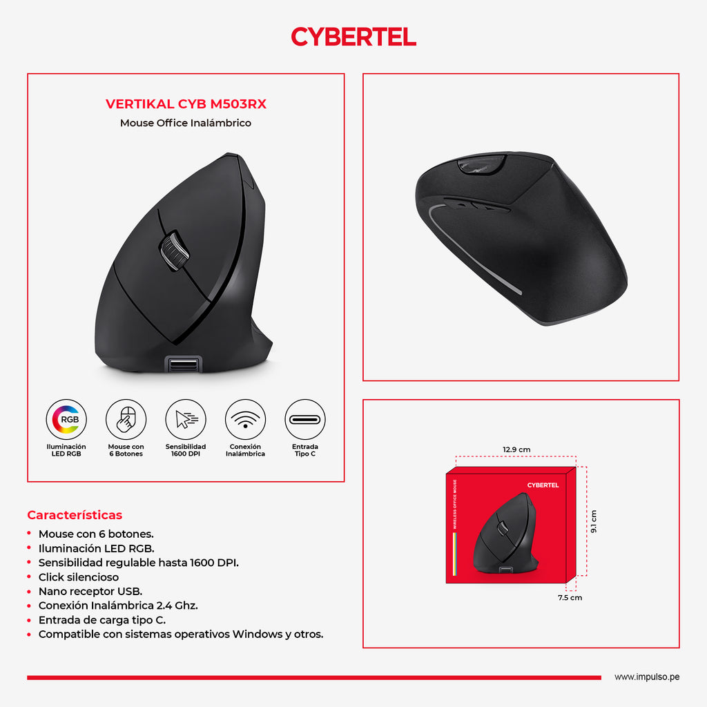 Mouse Vertical Inalámbrico Cybertel Vertikal Recargable USB-C RGB Click Silencioso 1600DPI CYB M503RX s2246