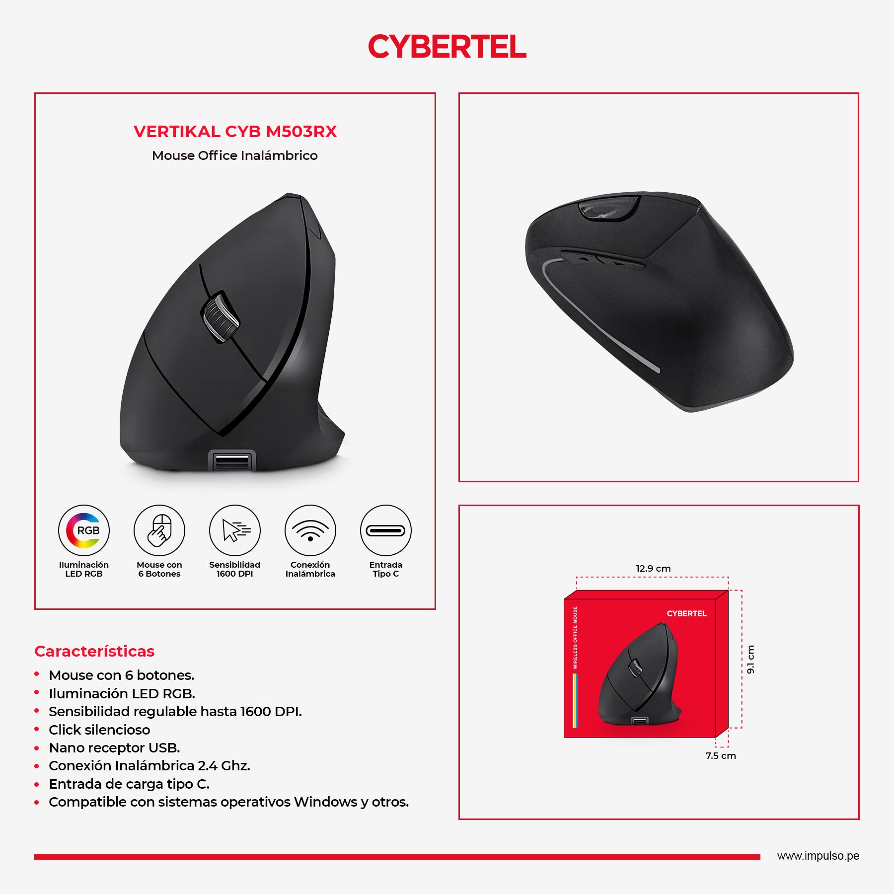 Mouse Vertical Inalámbrico Cybertel Vertikal Recargable USB-C RGB Click Silencioso 1600DPI CYB M503RX s2246