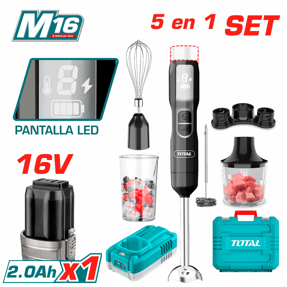 Set de Batidora de Mano Inalámbrica 16V TOTAL 5 Velocidades Picatodo 500ml Pantalla LED Batería 2.0Ah y Maletín S2310