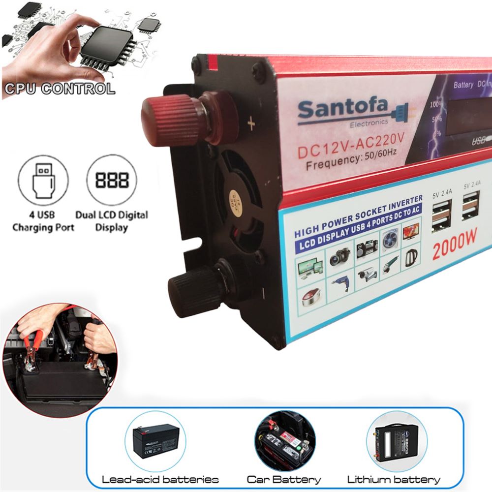 Inversor de Corriente 12v a 220v 2000w pantalla LCD 4 USB 3 Sockets S1315
