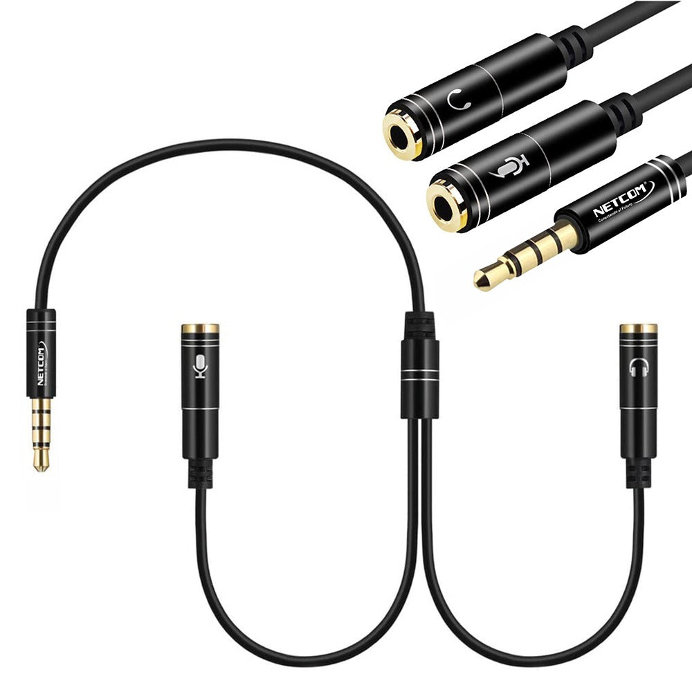 Adaptador Conector de 2 Jack 3.5mm A Plug 3.5mm NETCOM- Negro S1173