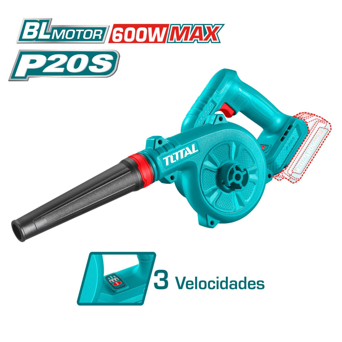 Sopladora Inalámbrica 20V TOTAL Motor Brushless 72 m/s con 2 Baterías 2.0Ah y Cargador Plataforma P20S S2312
