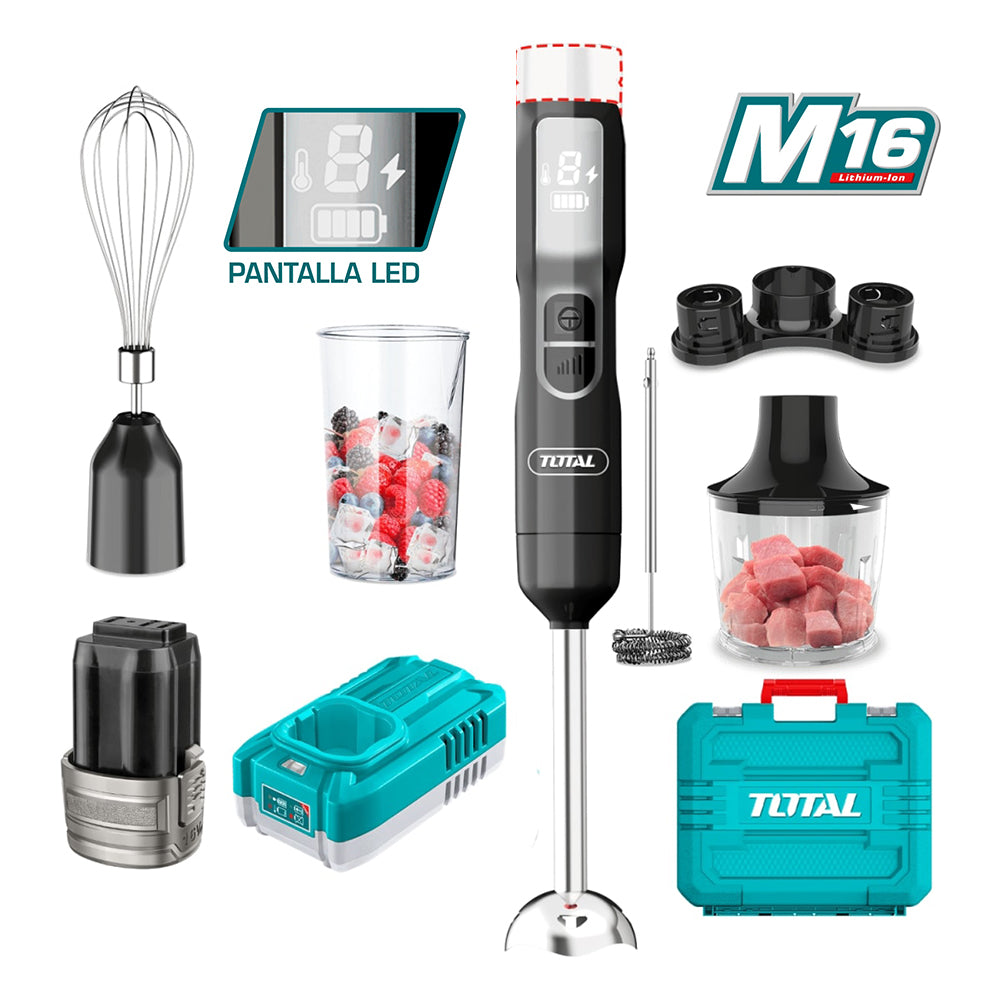 Set de Batidora de Mano Inalámbrica 16V TOTAL 5 Velocidades Picatodo 500ml Pantalla LED Batería 2.0Ah y Maletín TJB056K S2310