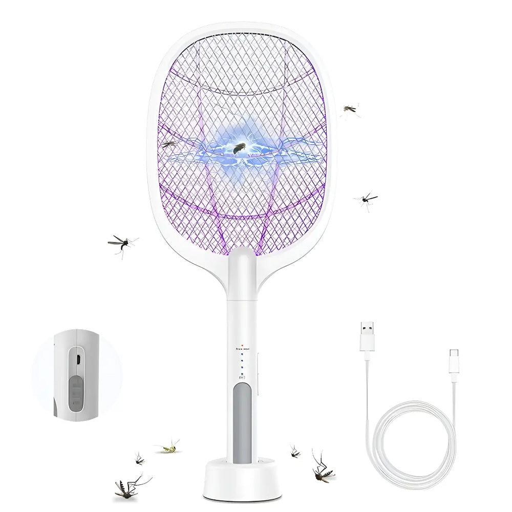 Raqueta Eléctrica Antimosquitos 2 en 1 con Lámpara UV y Base de Carga S2102