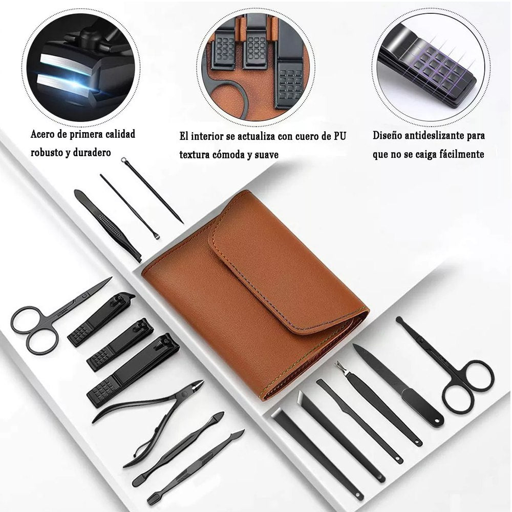 Set Manicura Pedicura Acero Inoxidable cortauñas 16 Piezas- Marrón S1473