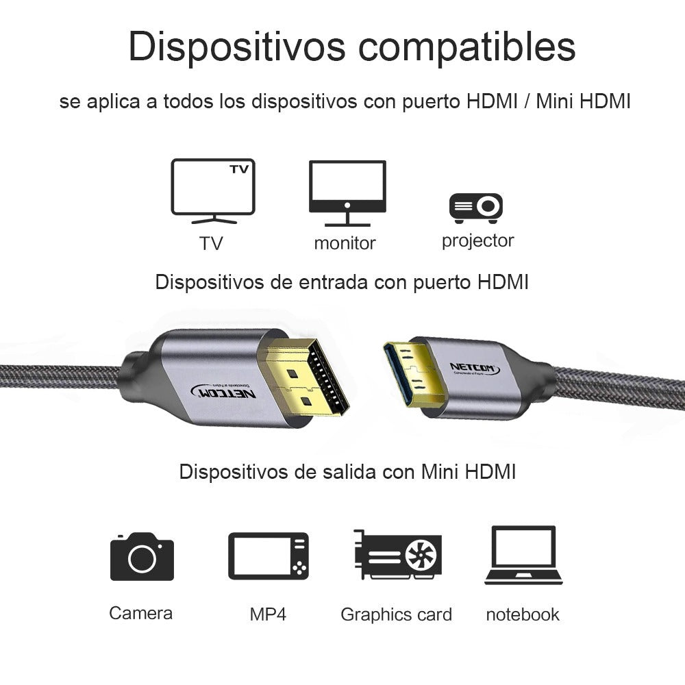 Cable Mini Hdmi a Hdmi 1.8 Metros NETCOM 2.0 4K 60 Hz ULTRA HD eARC S1365
