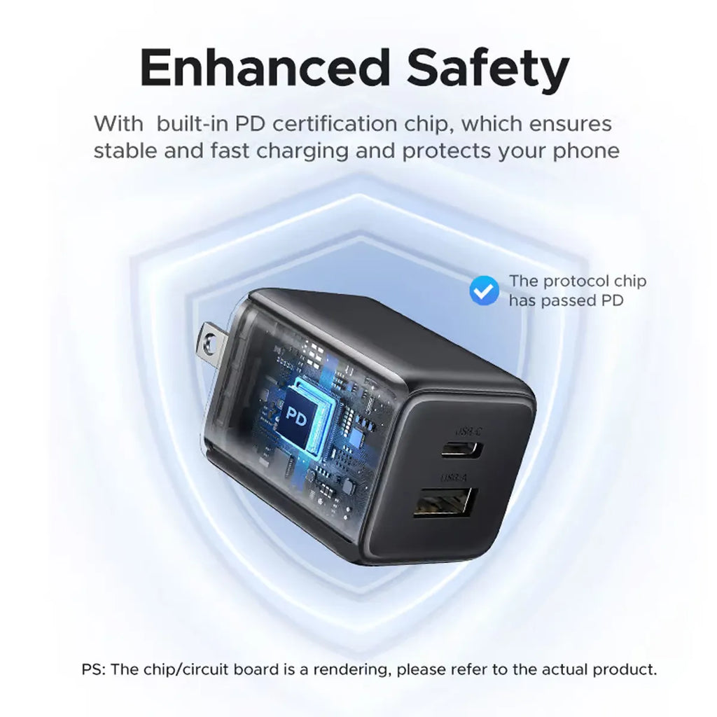 Cargador de Pared UGREEN 20W GaN Dual USB-C y USB-A PD QC 3.0 Clavija Plegable S2288