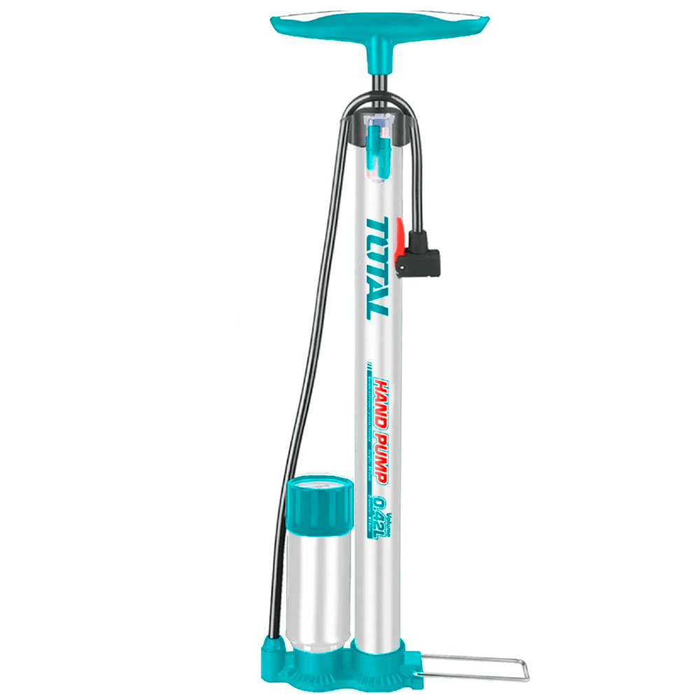 Inflador Manual de Pie TOTAL 38x500mm con Tanque y Manómetro 50mm Bar/PSI Cabezal Multiválvula TMPP3811 S2324