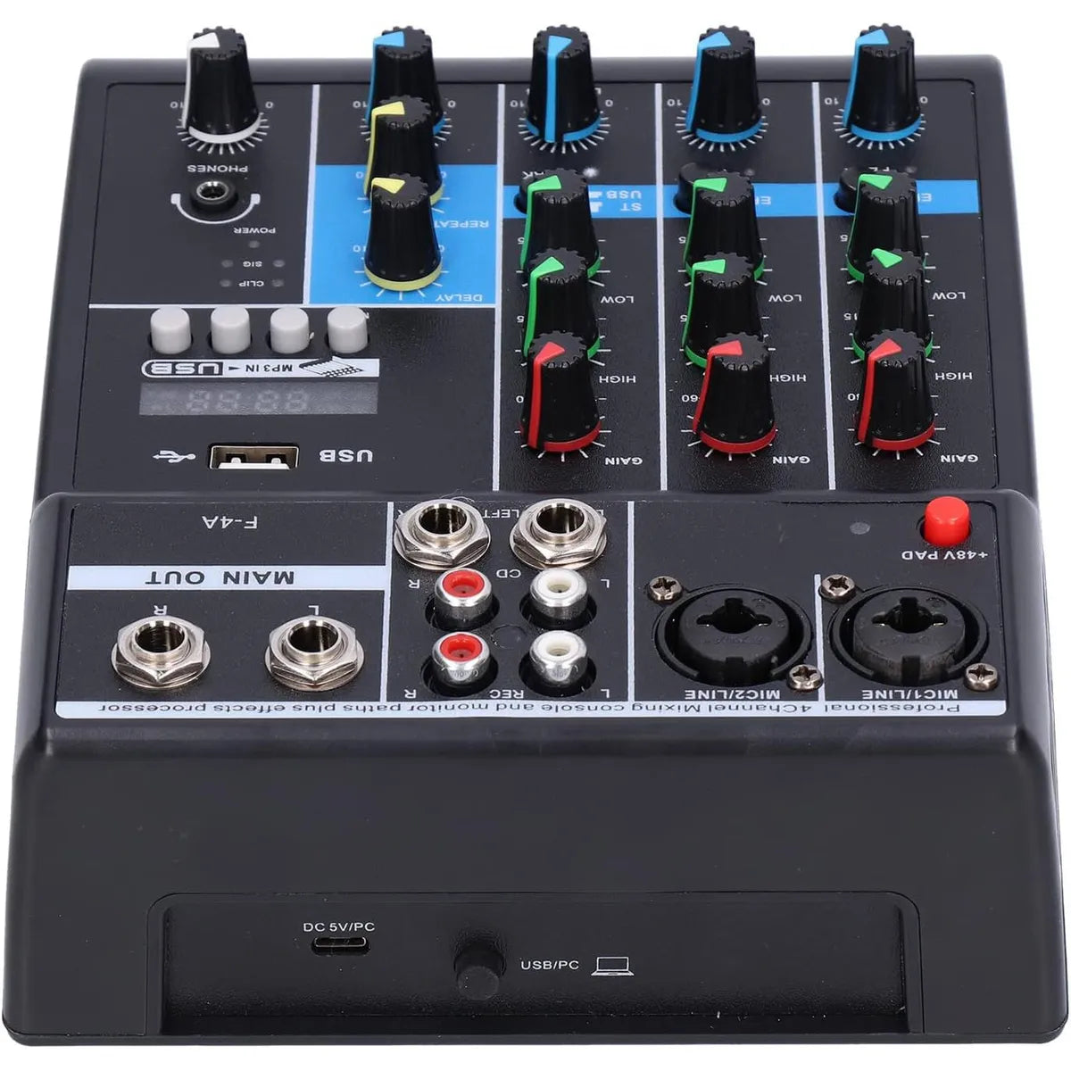 Consola Mezcladora de Audio Profesional 4 Canales Bluetooth USB Phantom +48V Tarjeta de Sonido F-4A s2256