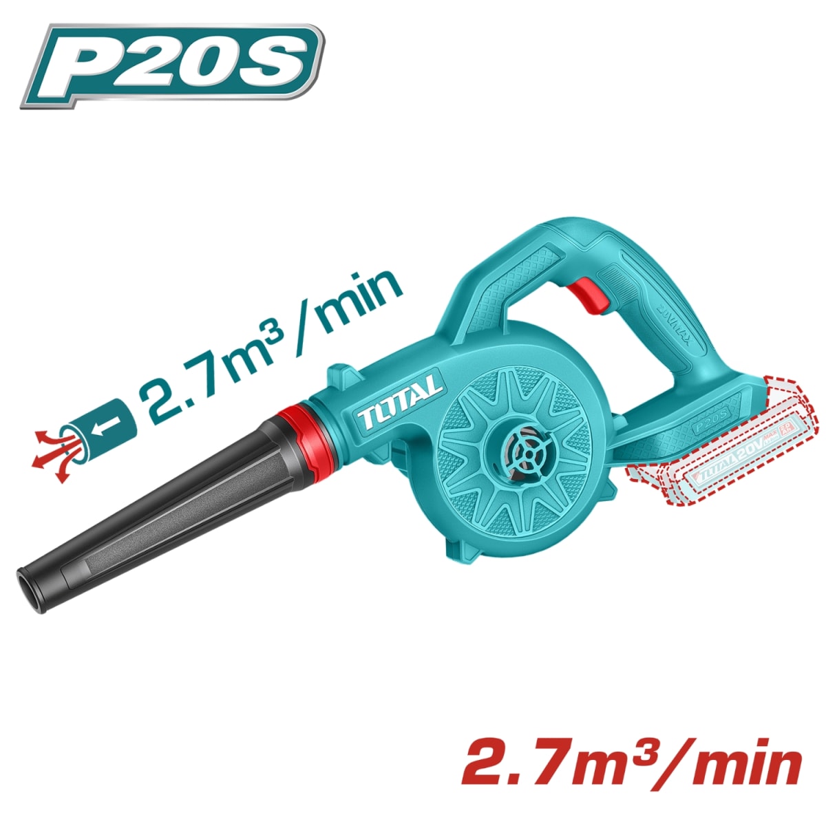Sopladora Inalámbrica 20V TOTAL 18000 RPM 2.7 m³/min con Batería 2.0Ah y Cargador Plataforma P20S TABLI20781S2317