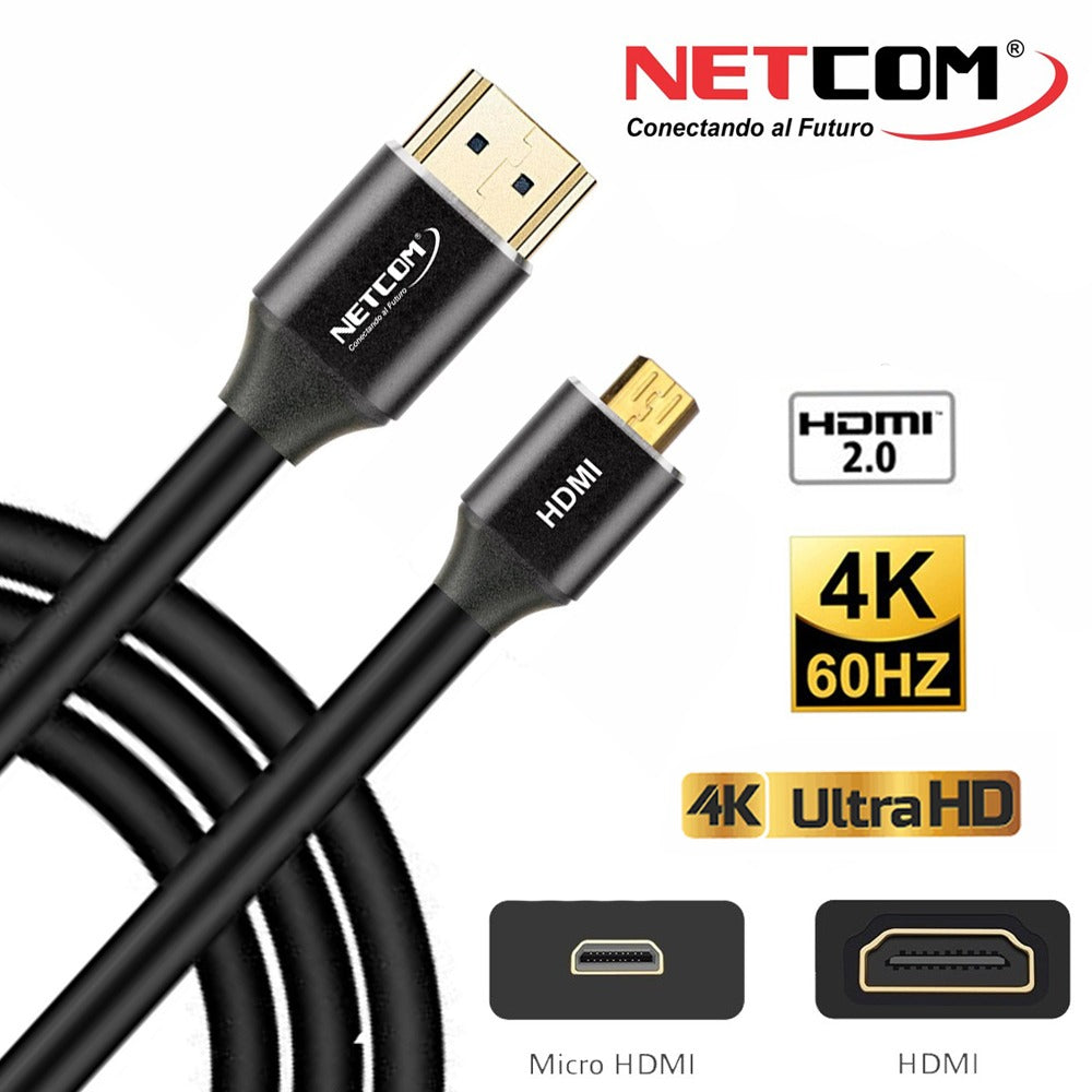 Cable Micro Hdmi a Hdmi 1.8 Metros NETCOM 2.0 4K 60 Hz ULTRA HD S1143