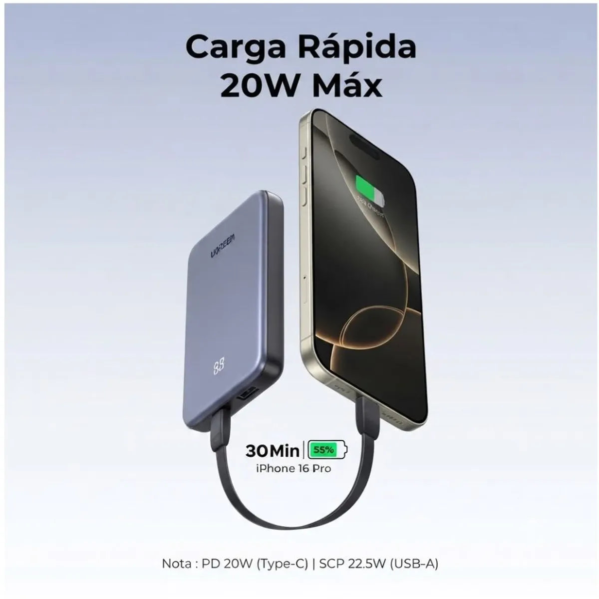 Power Bank UGREEN Zapix Series 10000mAh 20W PD 22.5W SCP Pantalla Digital LED S2294