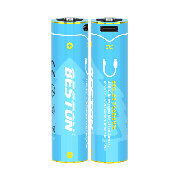 Pack 2 Pilas Recargables 18650 Litio BESTON 3.7V 2000mAh 7400mWh Carga Directa USB-C s2252