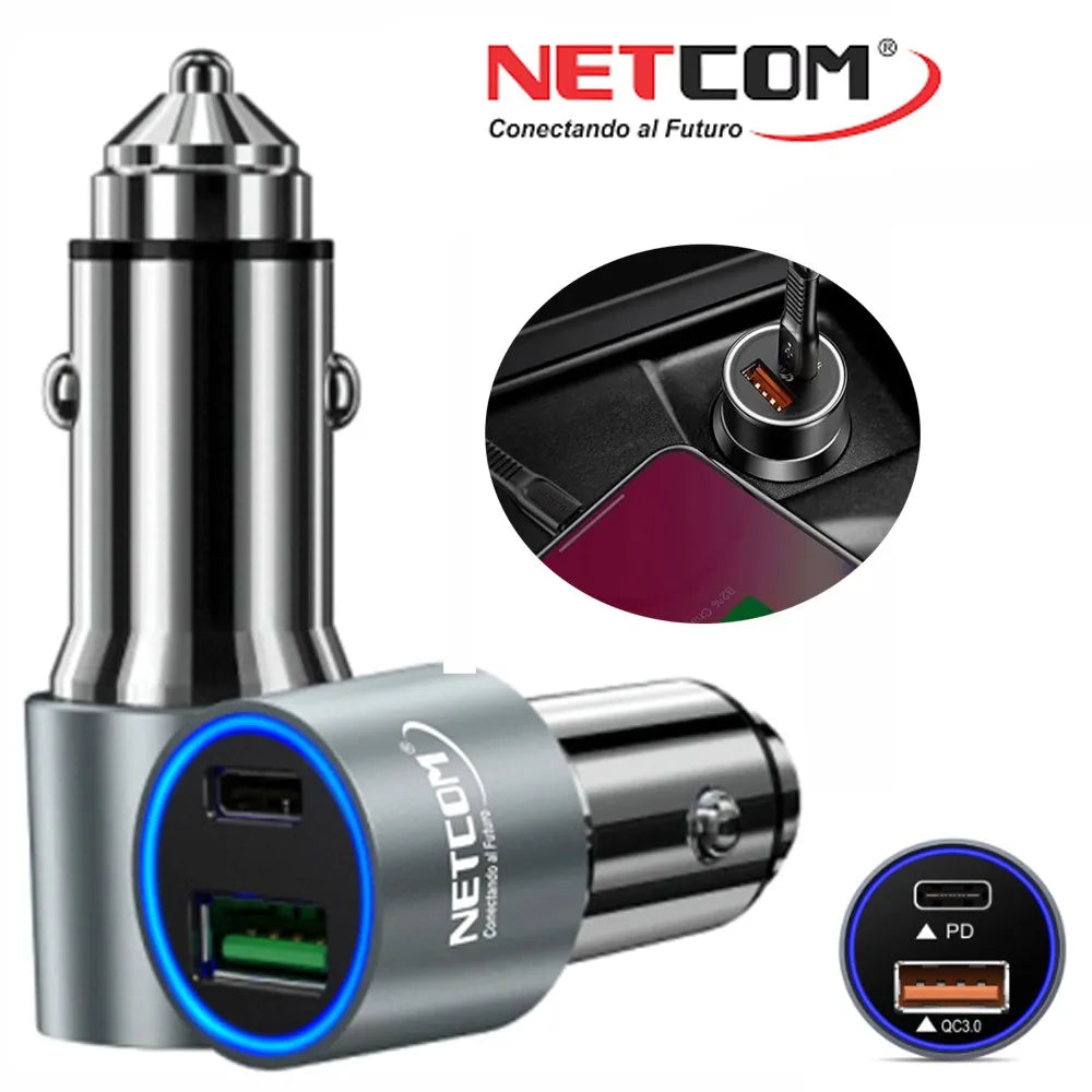 Cargador para Auto 1 USB QC3.0 1 TIPO C NETCOM 3.4A 12V 24V C Rápida S1687
