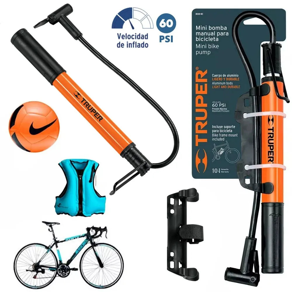 Mini Inflador Bomba de Aire 60 PSI Manual TRUPER | Para Bicicleta y Motocicleta S1458