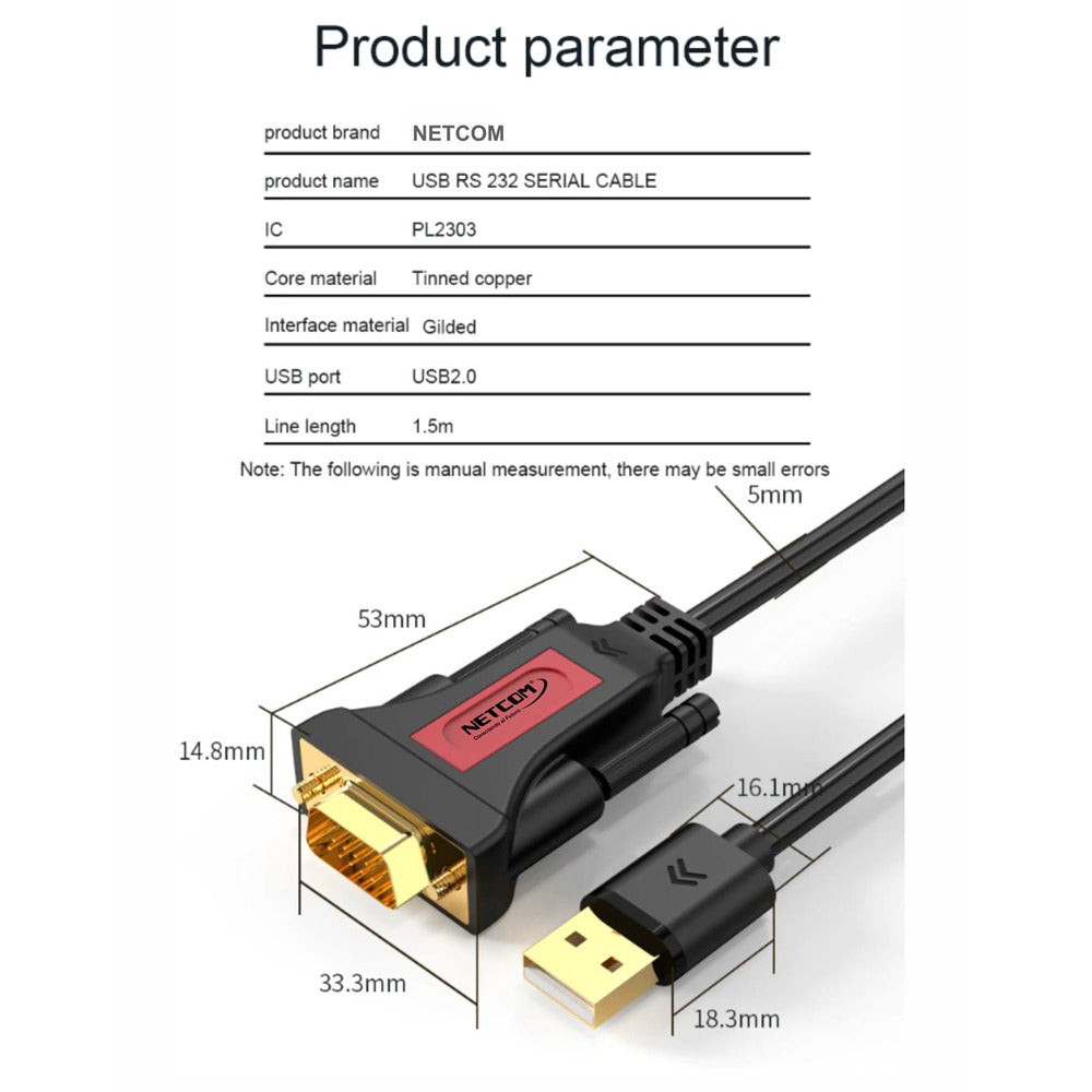 Cable Adaptador USB a Serie RS232 DB9 Serial 1.5 metros NETCOM S1177