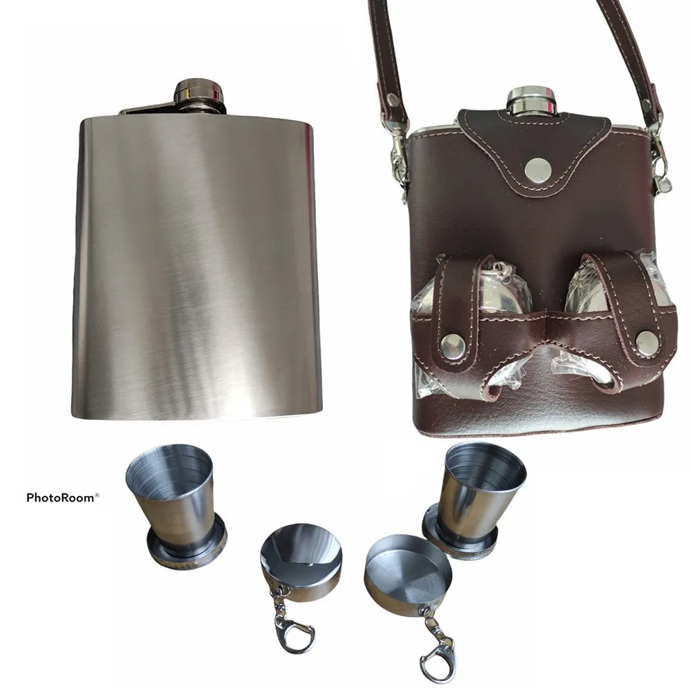 Licorera Acero Inoxidable 18 Oz Con Forro Cuero Con 2 Vasos S0530