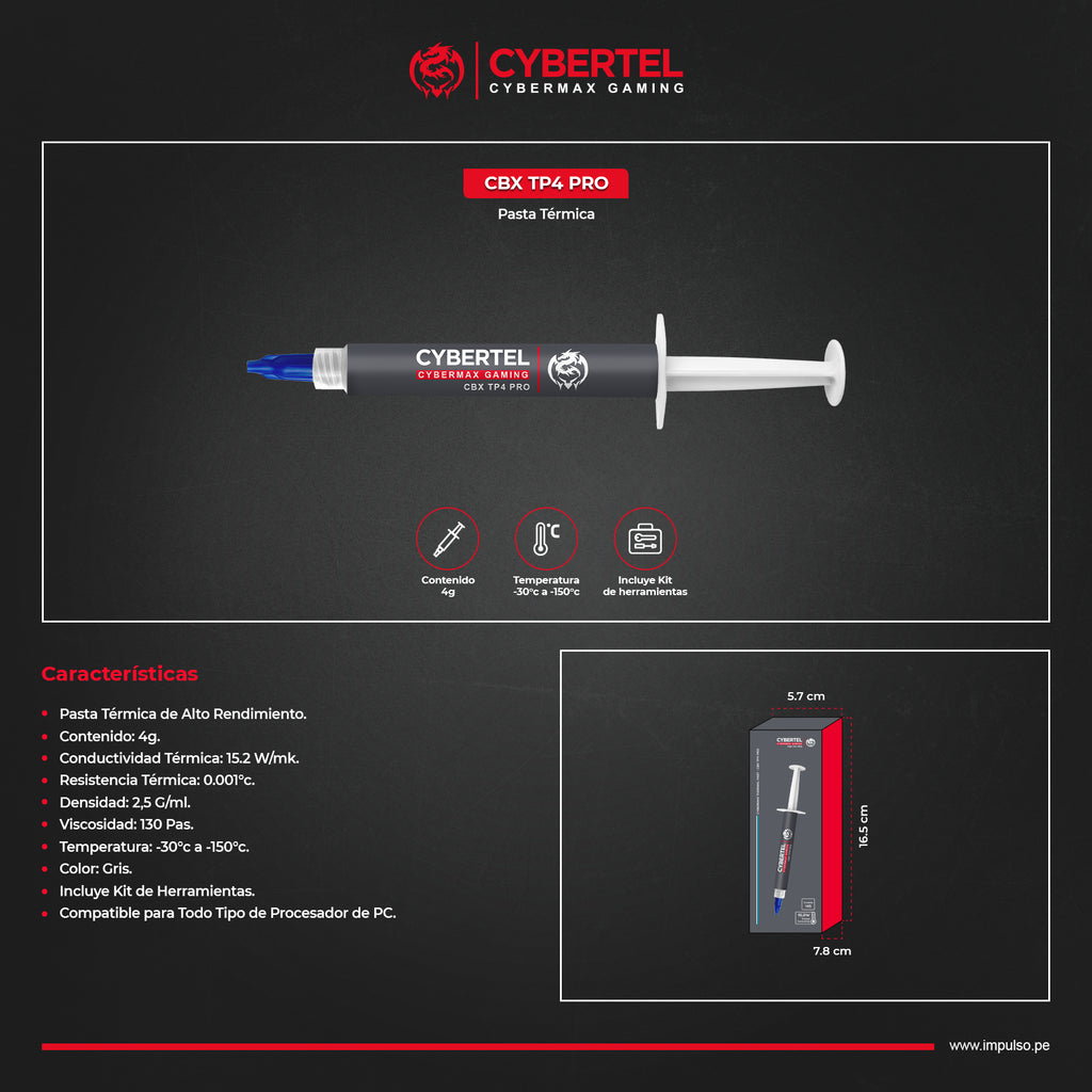 Pasta Térmica de Alto Rendimiento Cybertel CBX TP4 Pro 15.2 W/mK 4g Kit de Herramientas s2245