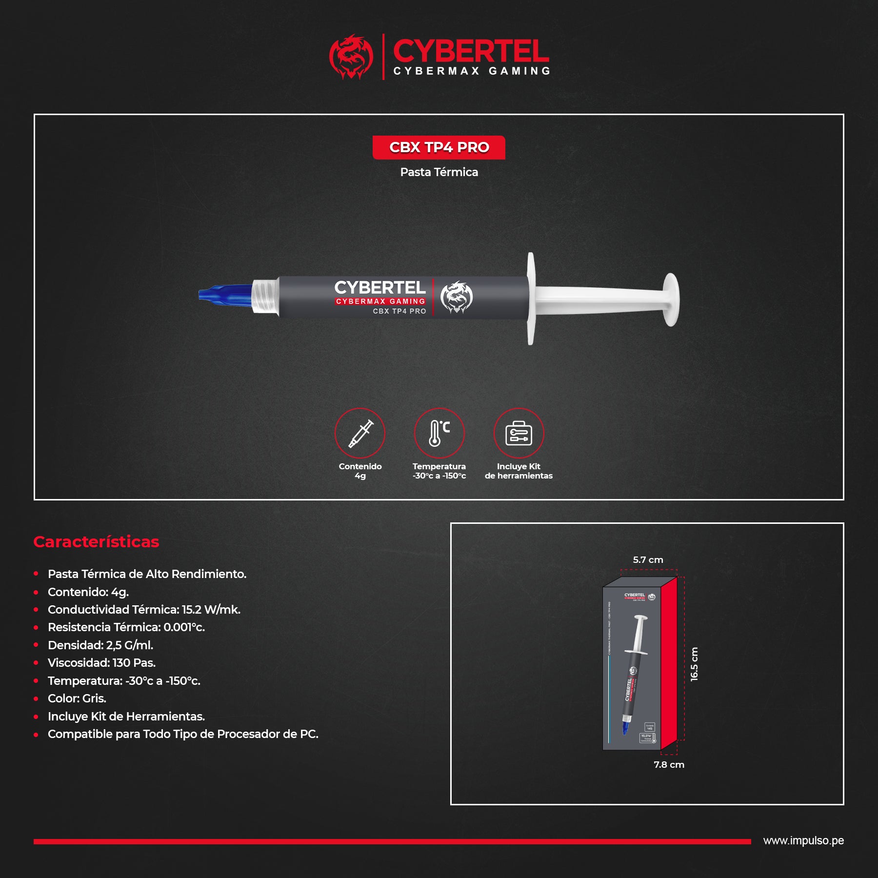 Pasta Térmica de Alto Rendimiento Cybertel CBX TP4 Pro 15.2 W/mK 4g Kit de Herramientas s2245