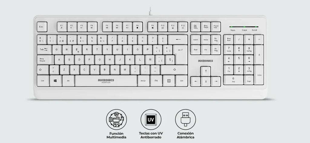 Teclado Multimedia USB Micronics Norton Blanco 105 Teclas Teclado Numérico UV MIC K608W s2239