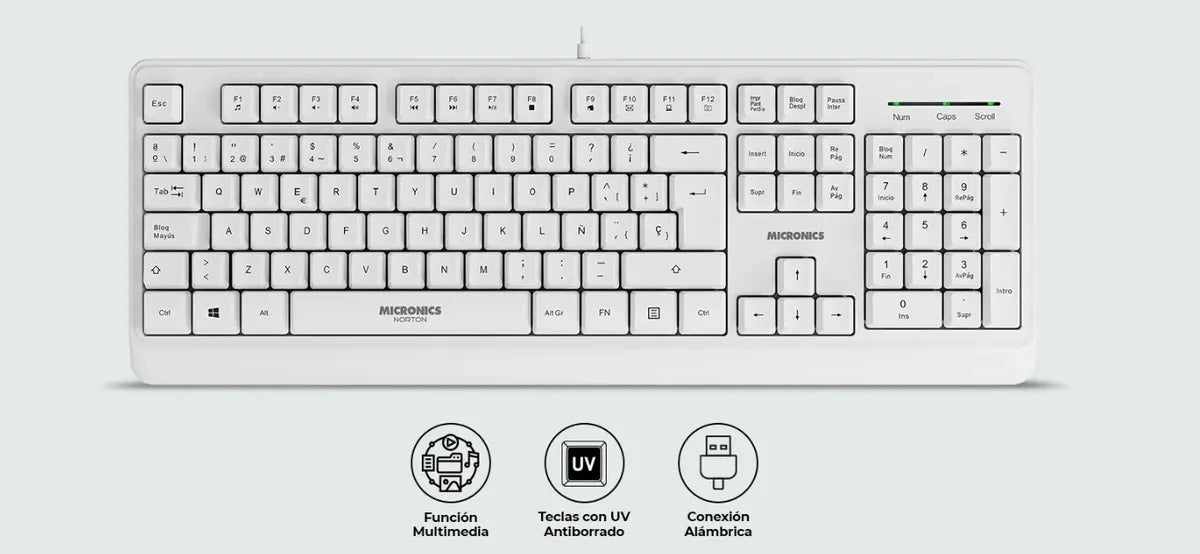 Teclado Multimedia USB Micronics Norton Blanco 105 Teclas Teclado Numérico UV MIC K608W s2239