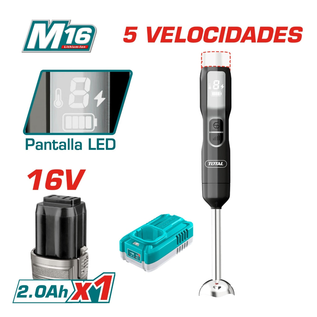 Batidora de Inmersión Inalámbrica TOTAL 16V 100W 5 Velocidades Pantalla LED Eje Acero Inoxidable Batería 2.0Ah y Cargador M16 TJB048K S2315