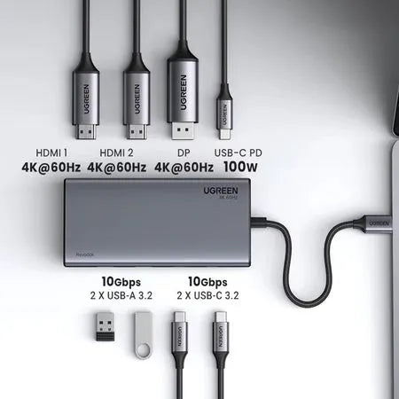 Adaptador Hub USB-C Ugreen Revodok 8 en 1 Triple Pantalla 4K 2x HDMI DisplayPort 10Gbps PD 100W CM639 S2205